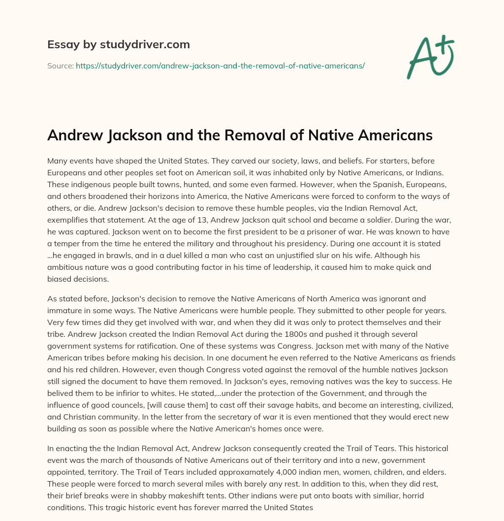 Andrew Jackson and the Removal of Native Americans essay