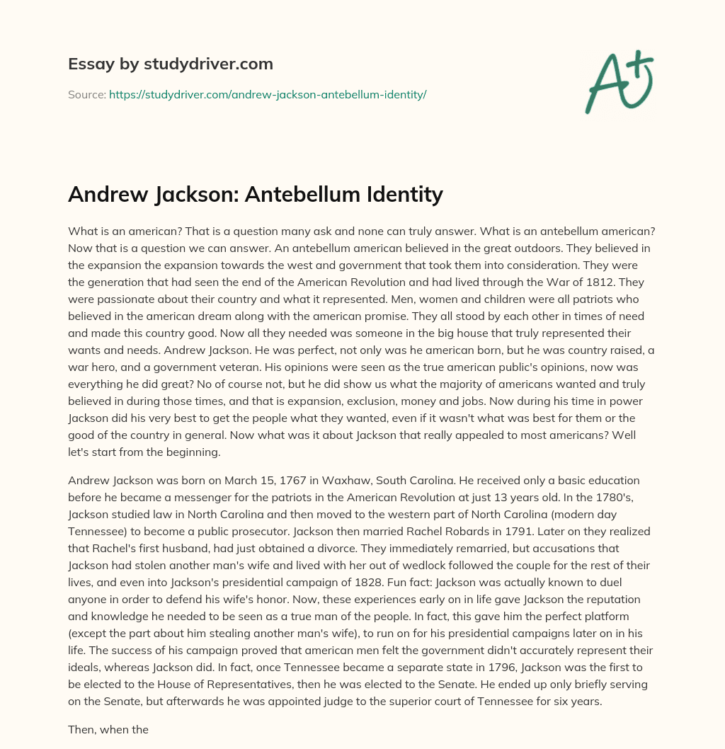Andrew Jackson: Antebellum Identity essay
