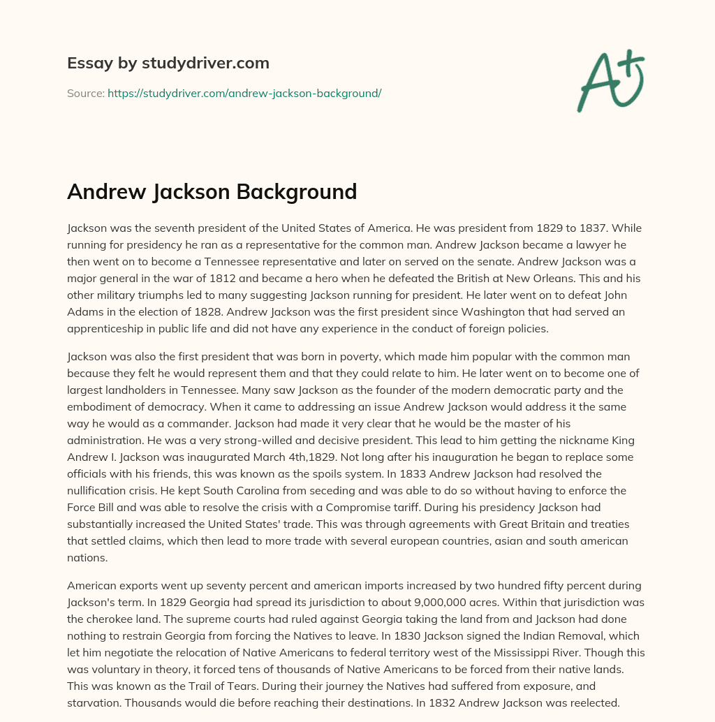Andrew Jackson Background essay
