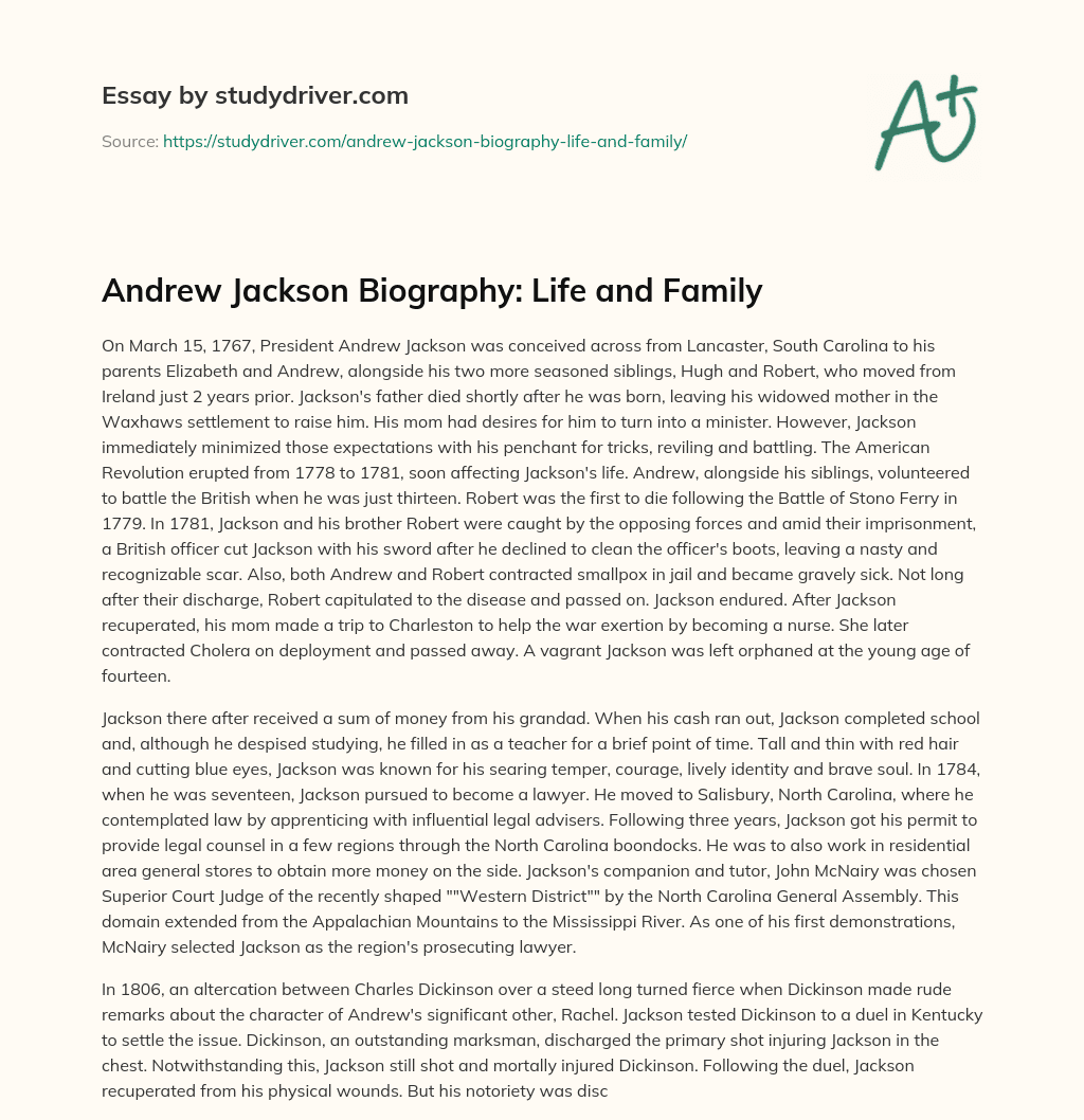 Andrew Jackson Biography: Life and Family essay