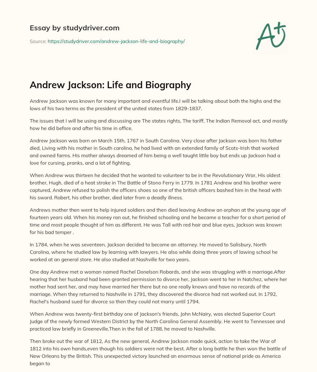 Andrew Jackson: Life and Biography essay