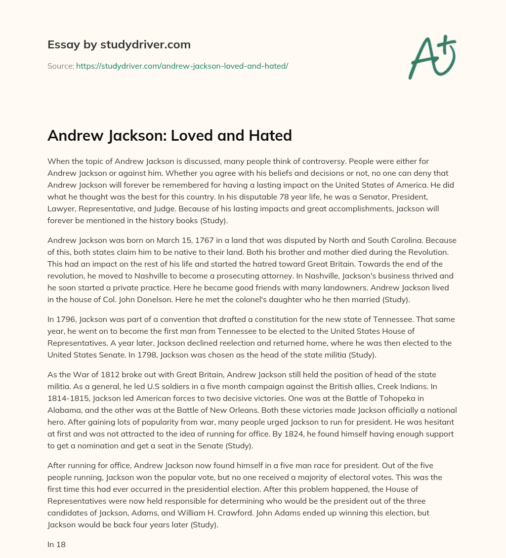 Andrew Jackson: Loved and Hated essay