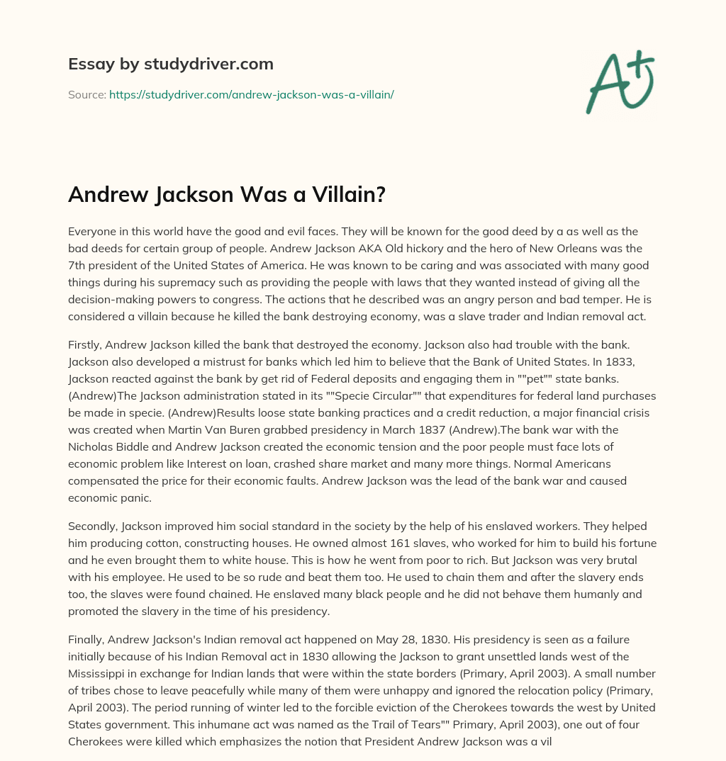 Andrew Jackson was a Villain? essay
