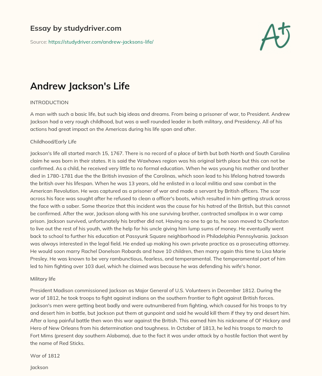 Andrew Jackson’s Life essay