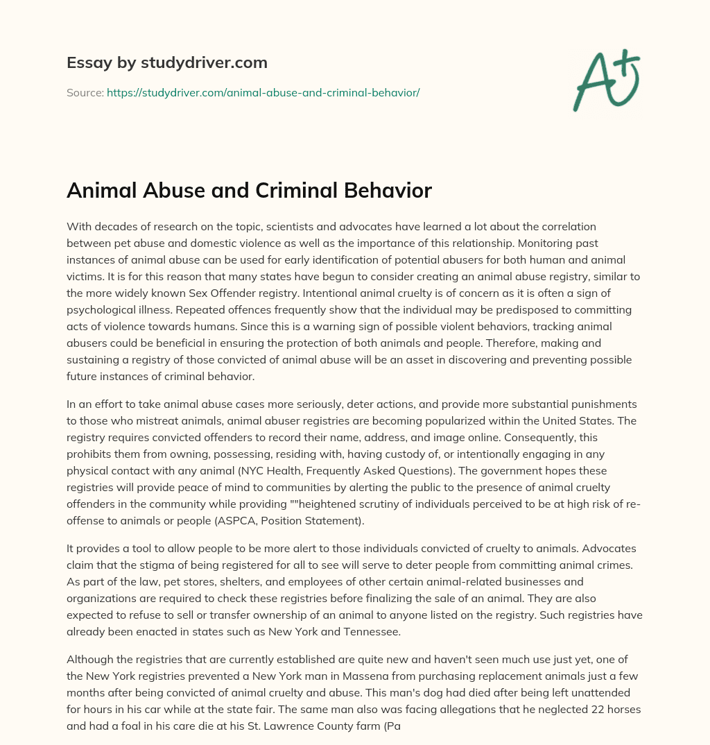 Animal Abuse and Criminal Behavior essay