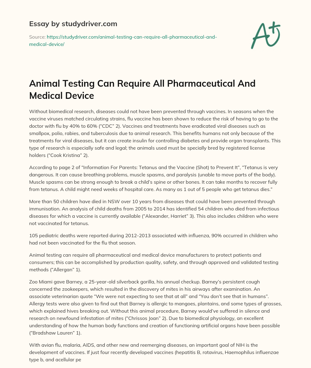 Animal Testing Can Require all Pharmaceutical and Medical Device essay