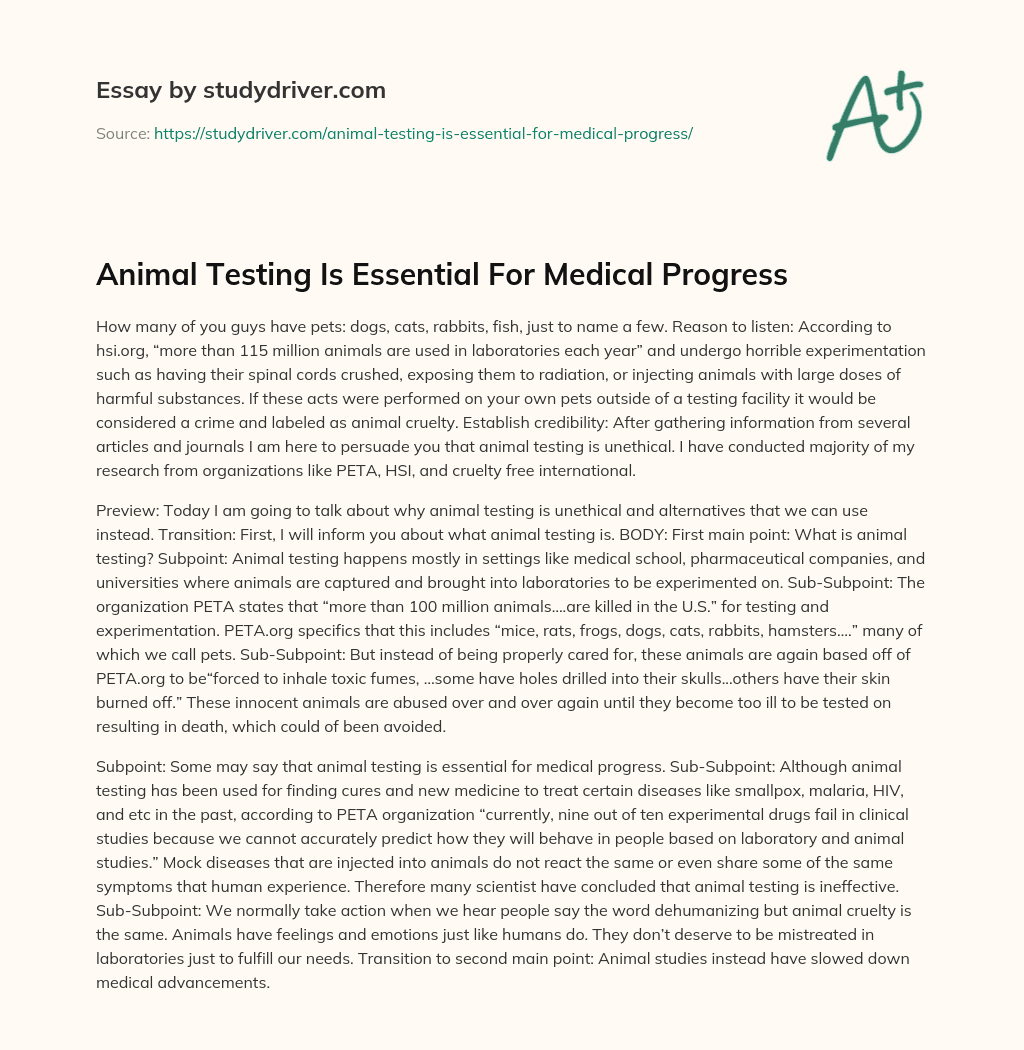 Animal Testing is Essential for Medical Progress essay