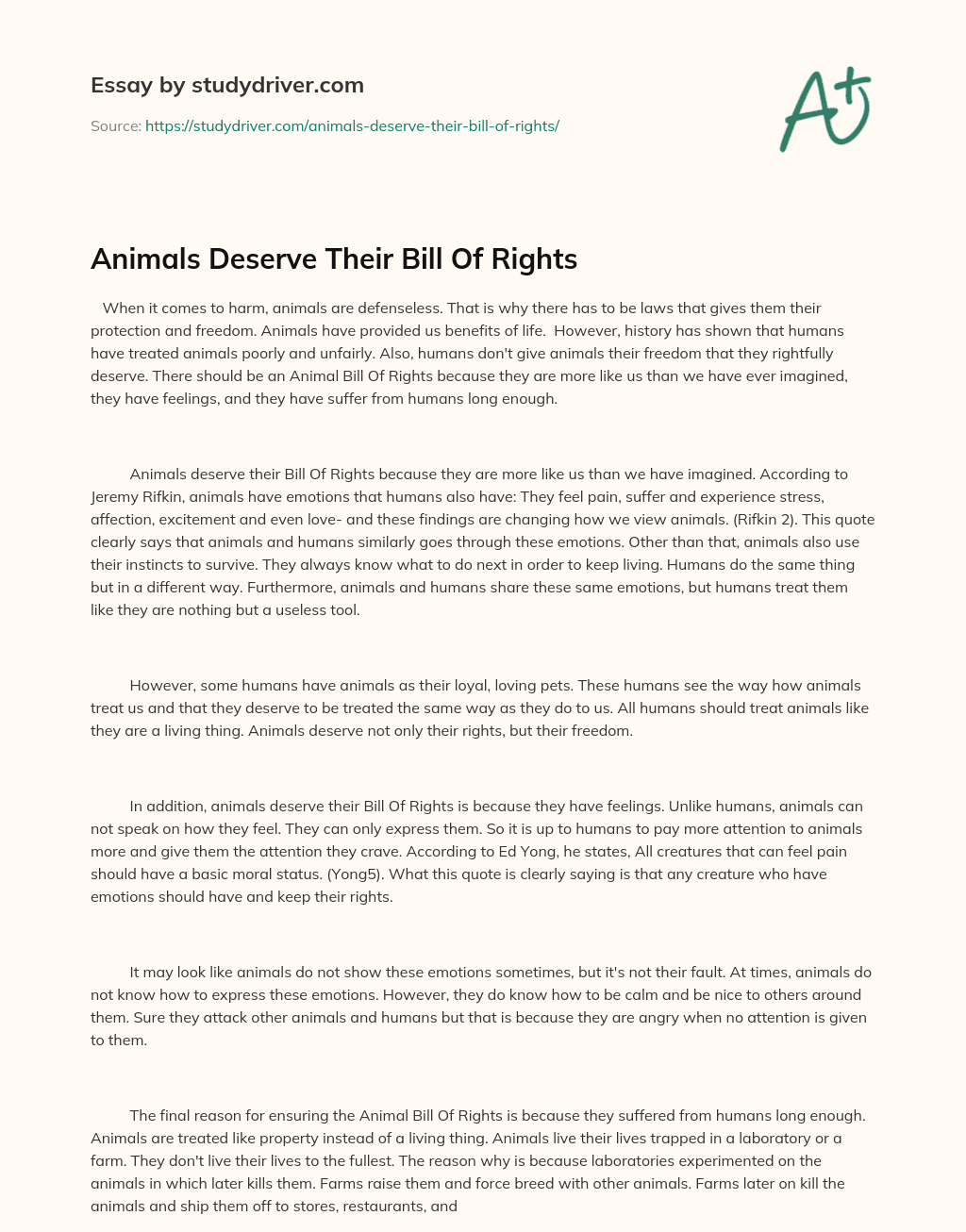 Animals Deserve Their Bill Of Rights - Free Essay Example - 599 Words |  