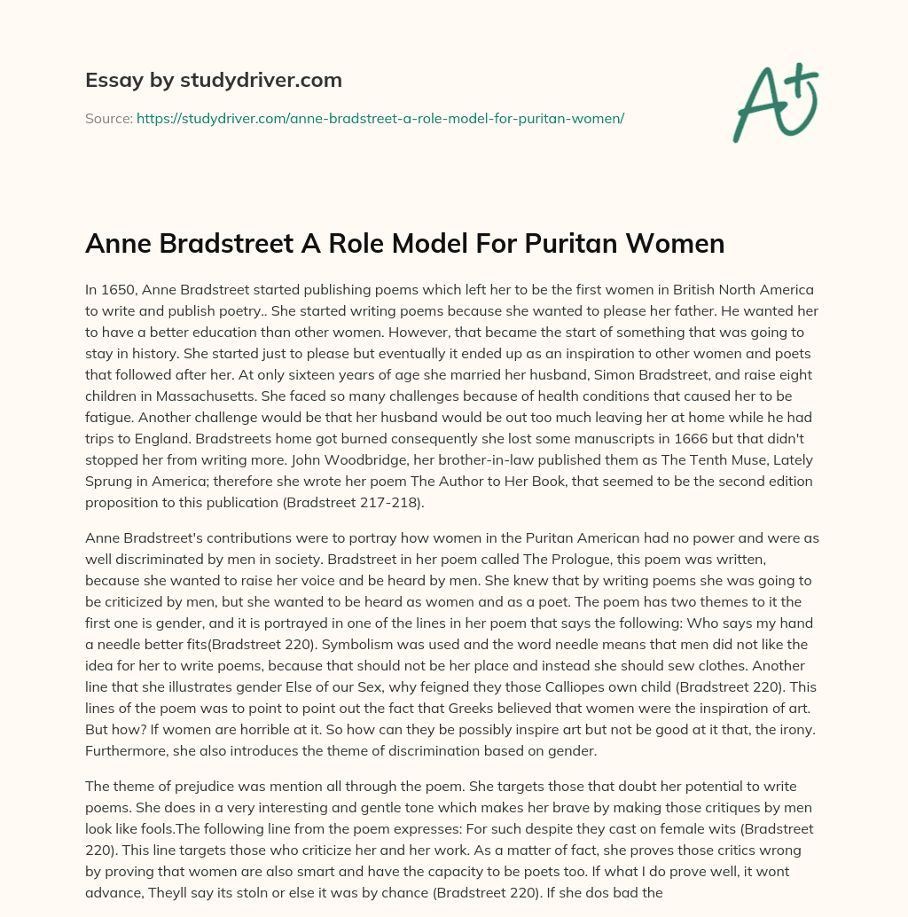 Anne Bradstreet a Role Model for Puritan Women essay