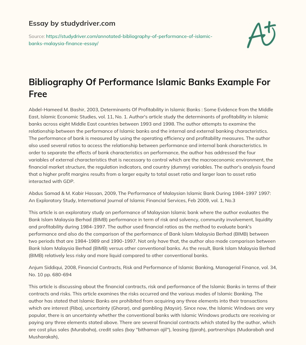 Bibliography of Performance Islamic Banks Example for Free essay