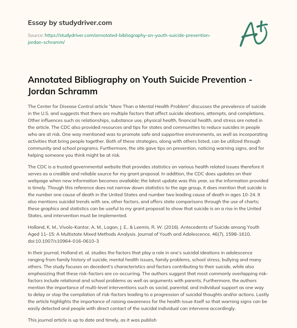 Annotated Bibliography on Youth Suicide Prevention – Jordan Schramm essay