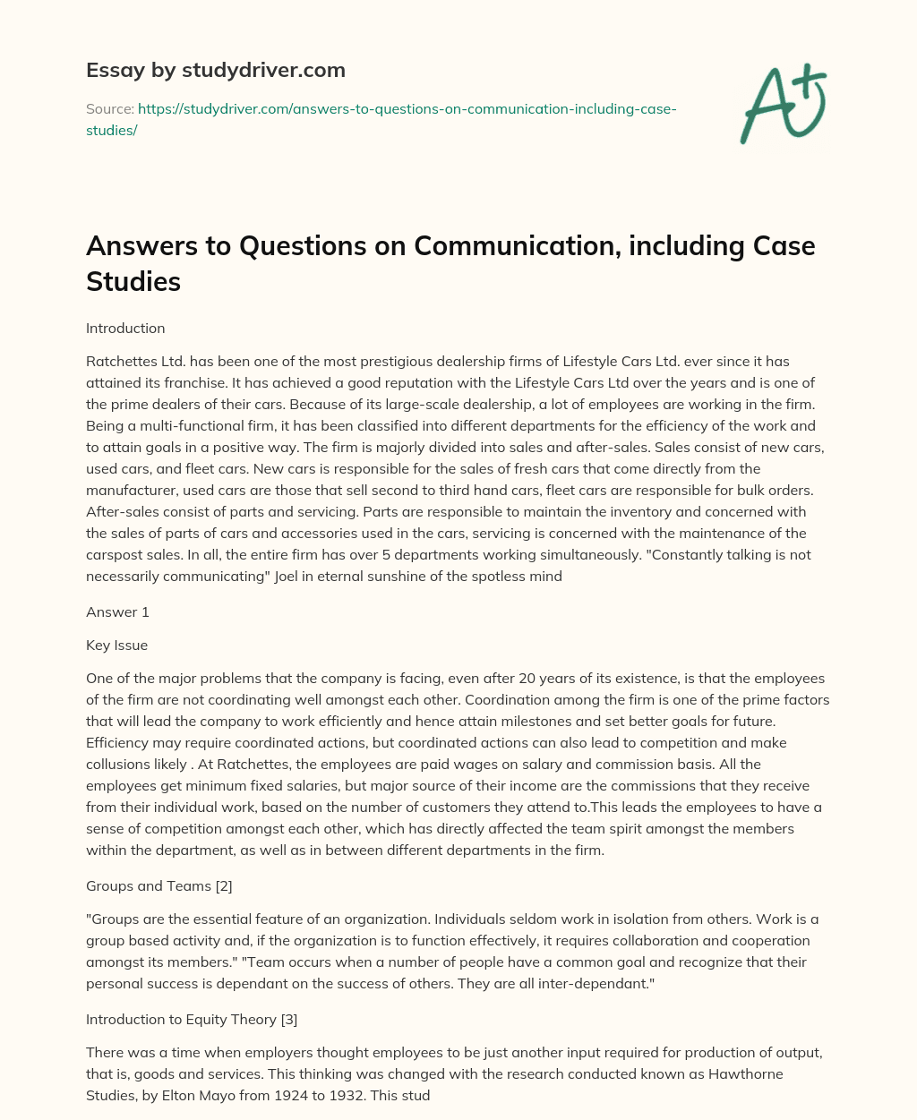 Answers to Questions on Communication, Including Case Studies essay