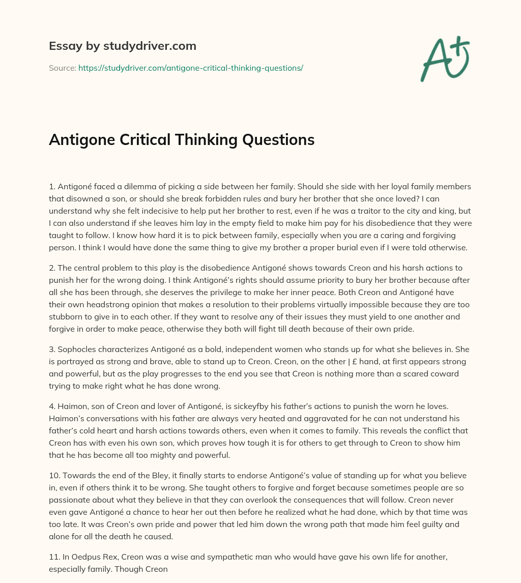 Antigone Critical Thinking Questions essay