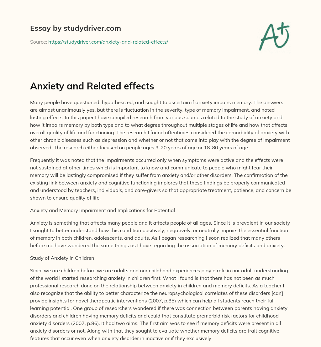 Anxiety and Related Effects essay