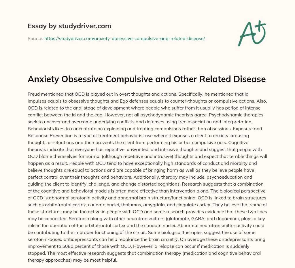 Anxiety Obsessive Compulsive and other Related Disease essay