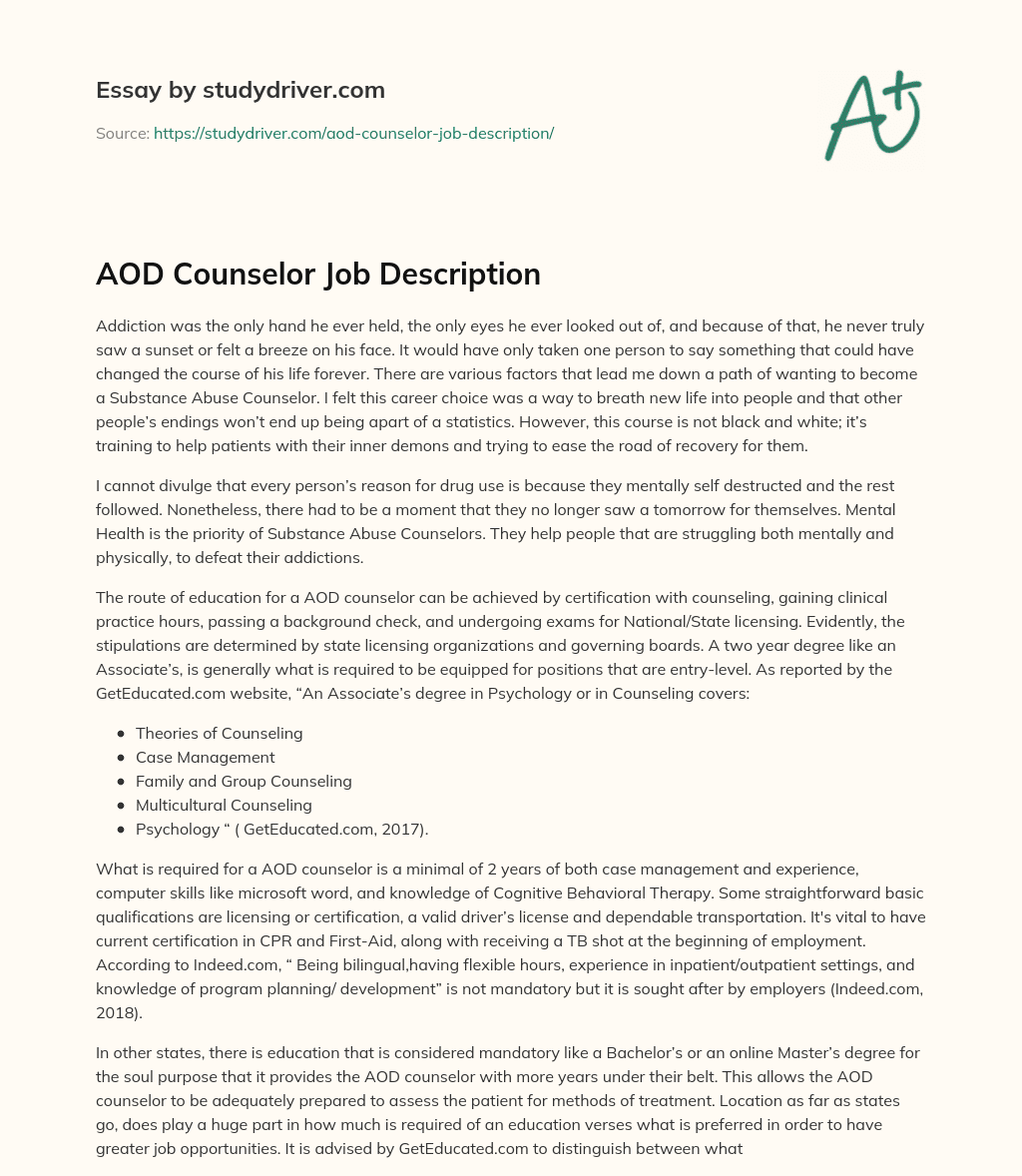 AOD Counselor Job Description essay