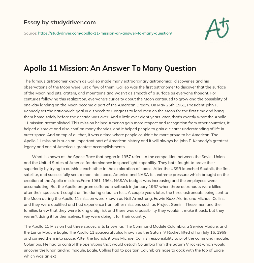 Apollo 11 Mission: an Answer to Many Question essay