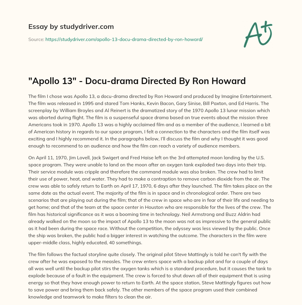 “Apollo 13” – Docu-drama Directed by Ron Howard essay