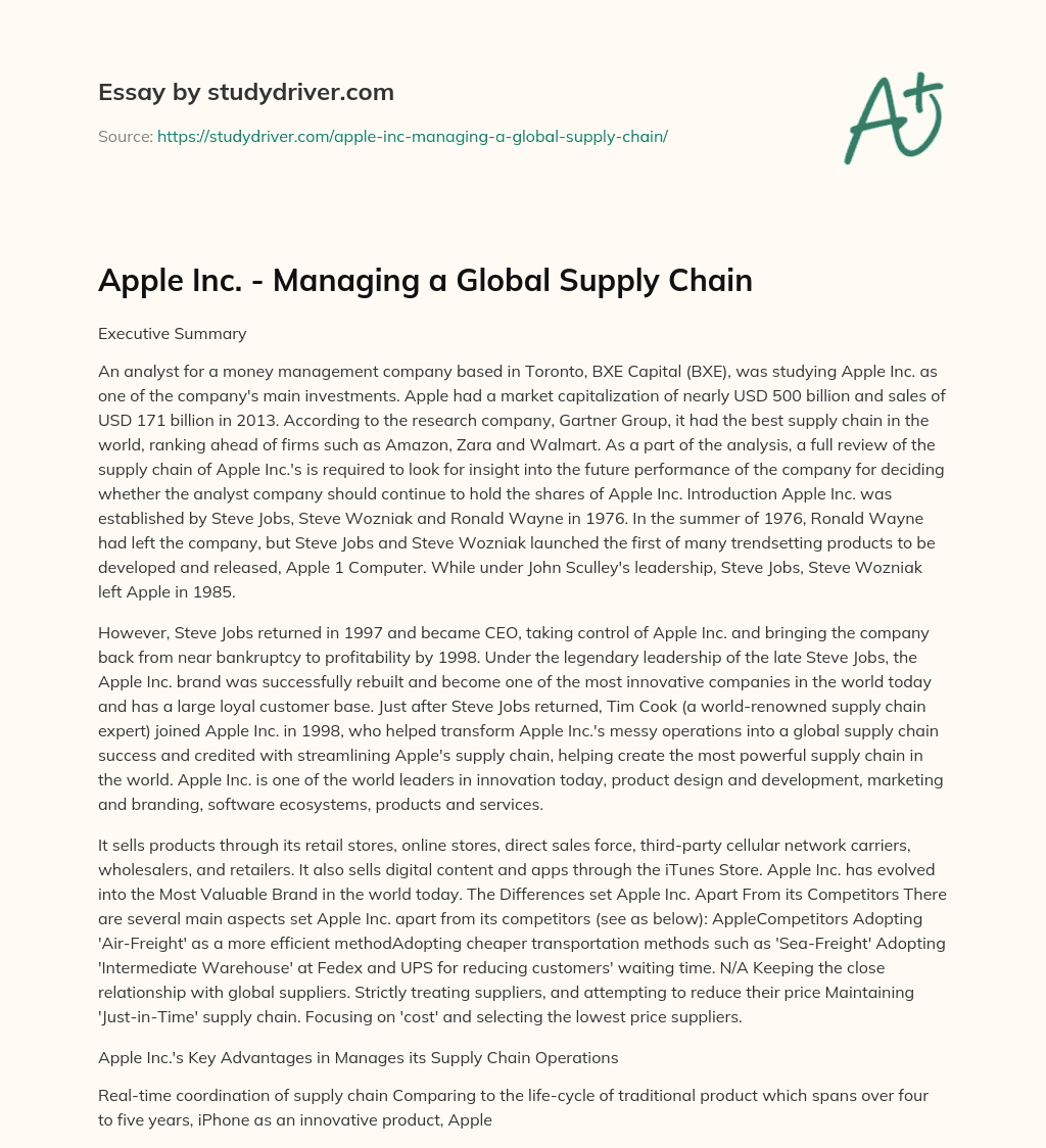 Apple Inc. – Managing a Global Supply Chain essay