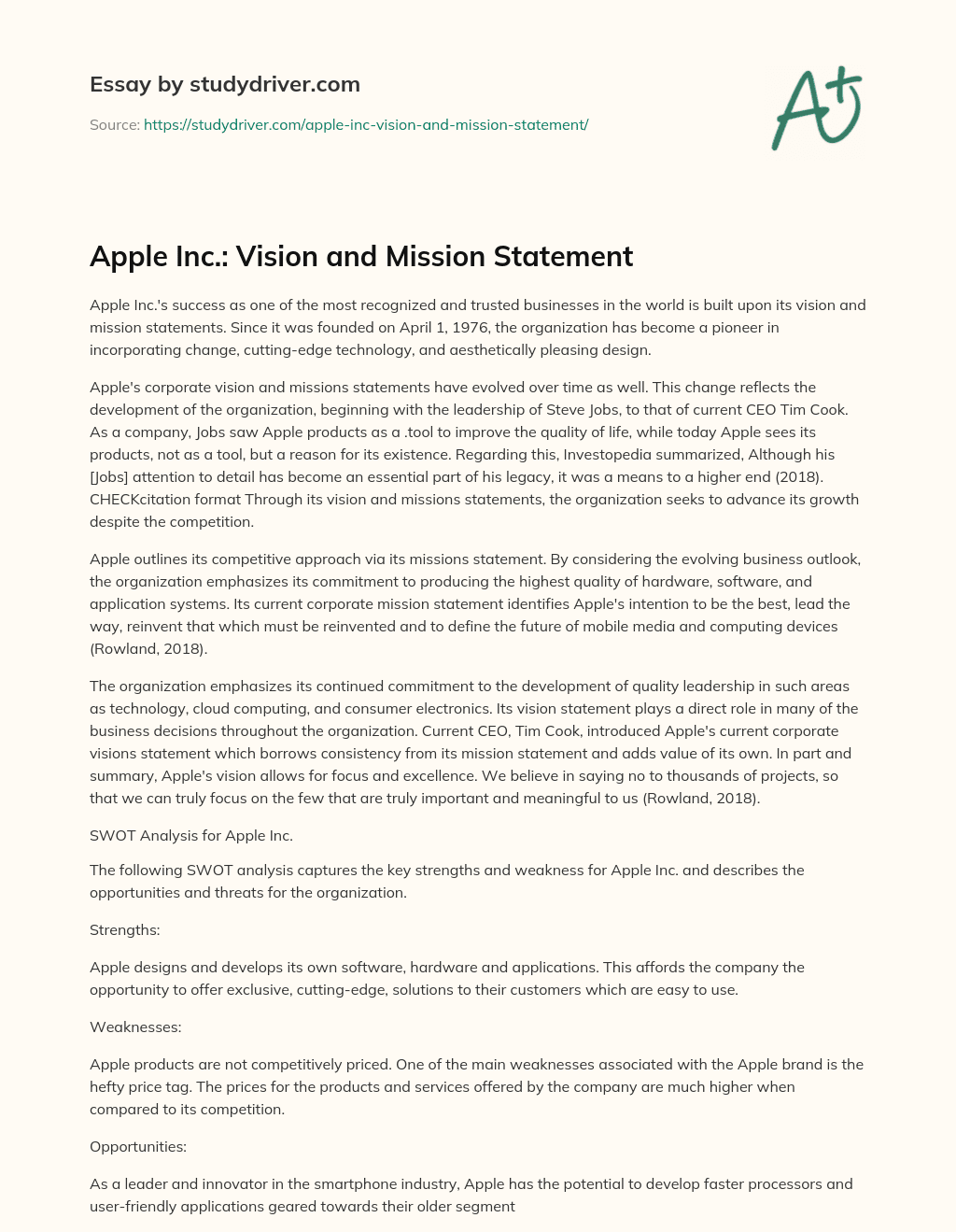 Apple Inc.: Vision and Mission Statement essay