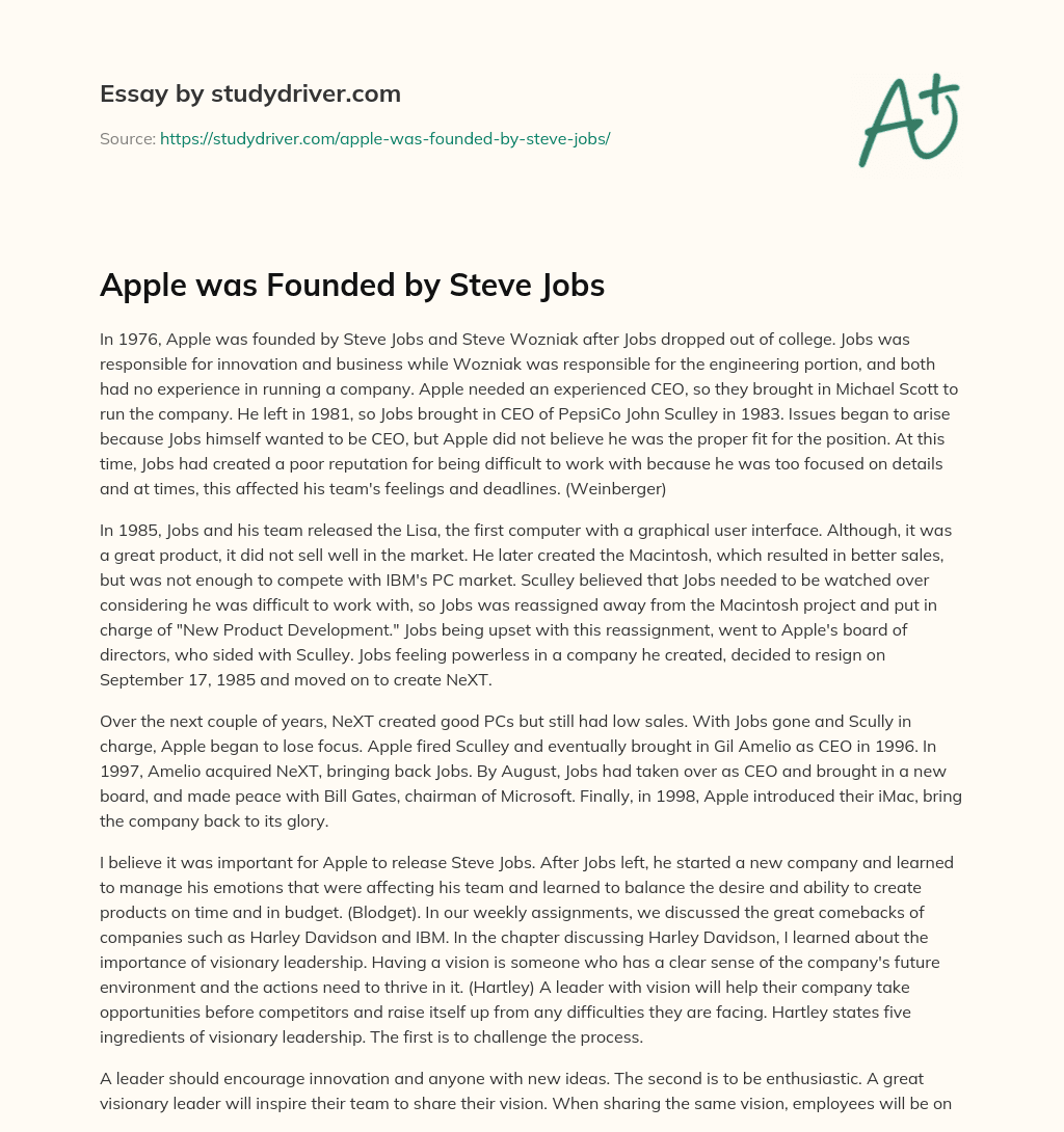Apple was Founded by Steve Jobs essay
