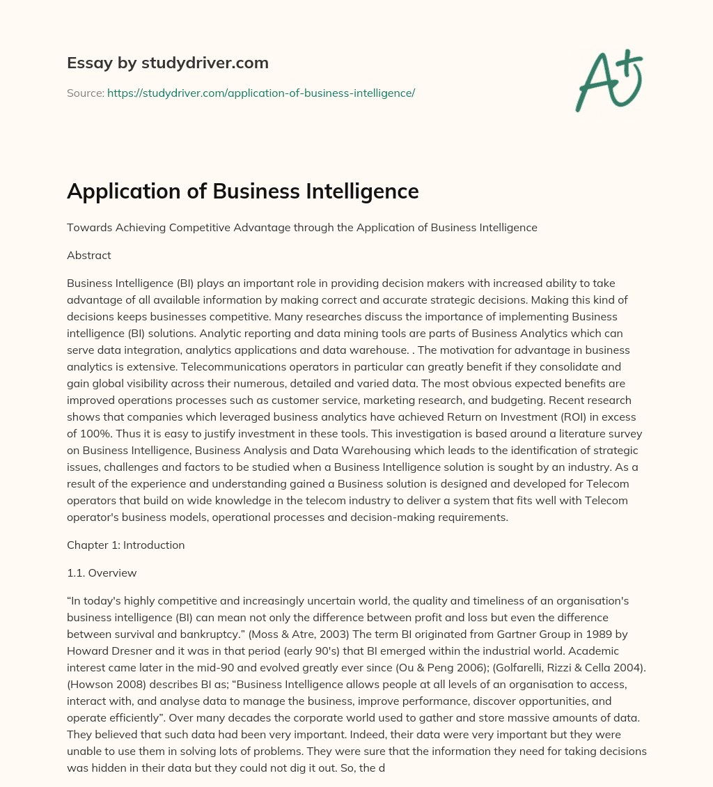 Application of Business Intelligence essay