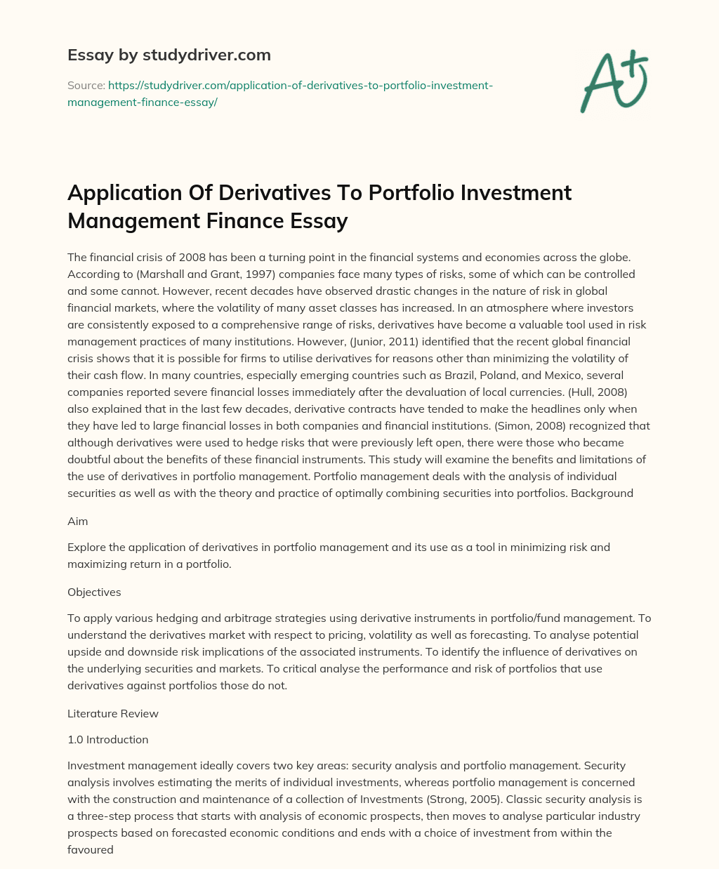 Application of Derivatives to Portfolio Investment Management Finance Essay essay