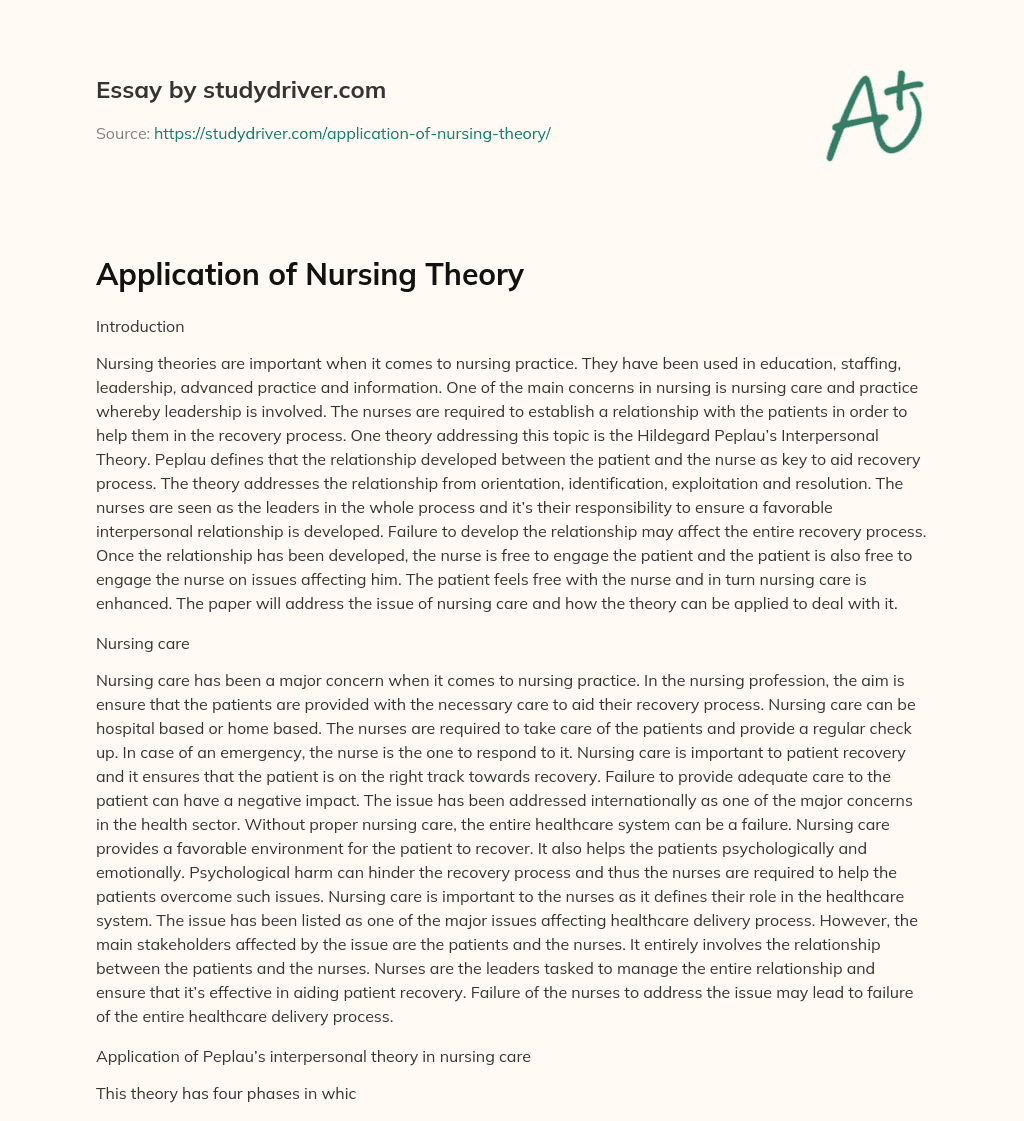 Application of Nursing Theory essay