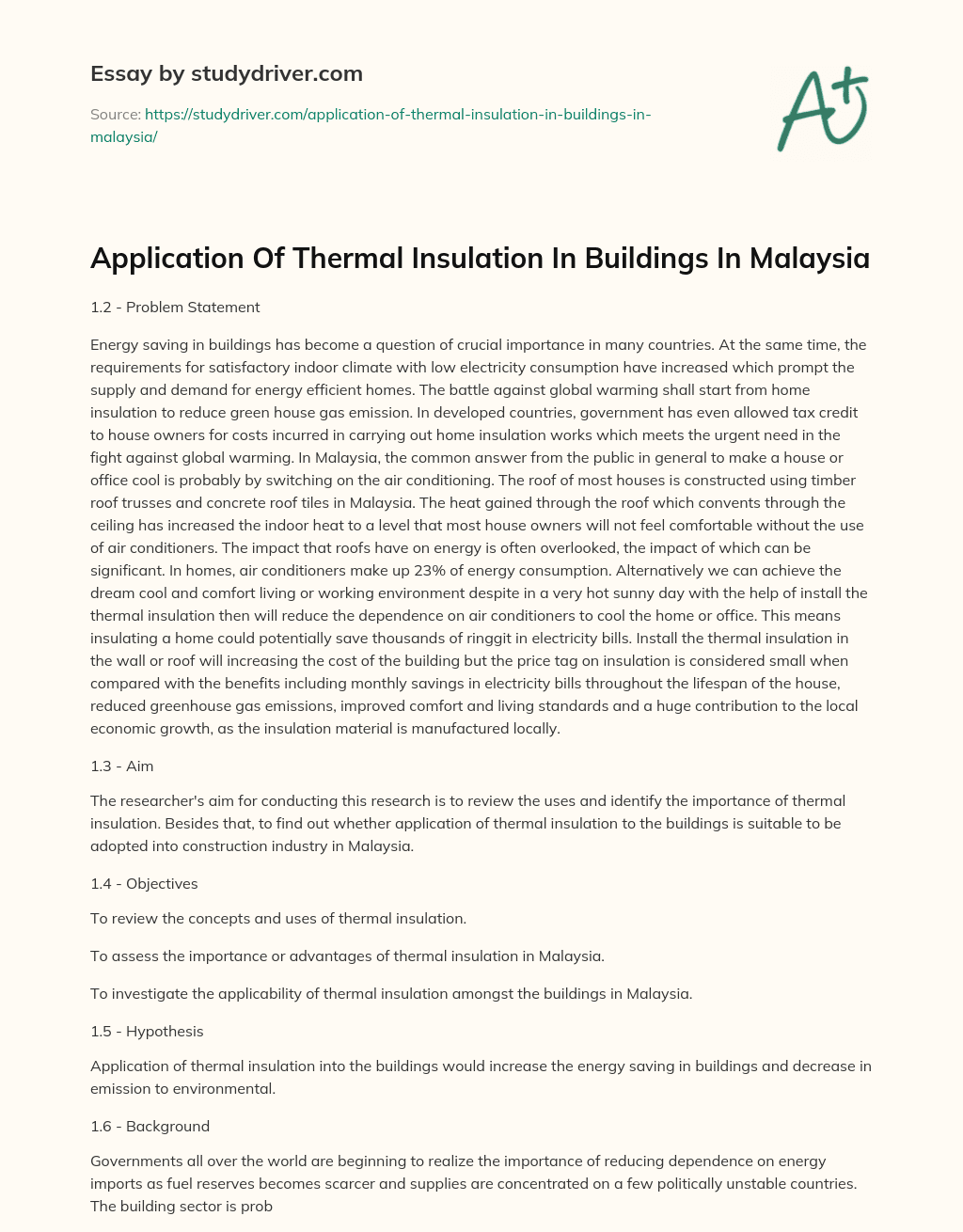 Application of Thermal Insulation in Buildings in Malaysia essay