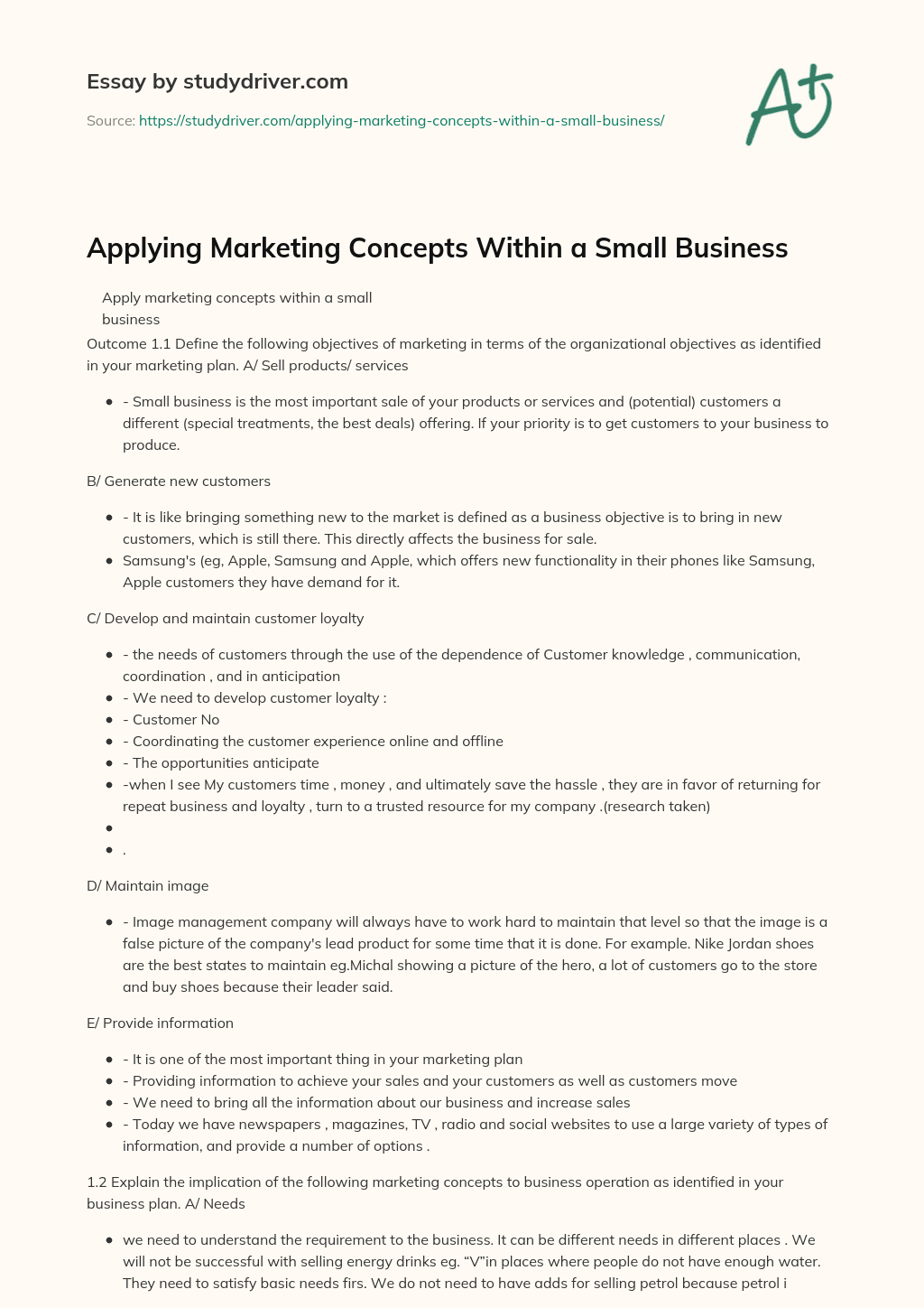 Applying Marketing Concepts Within a Small Business essay