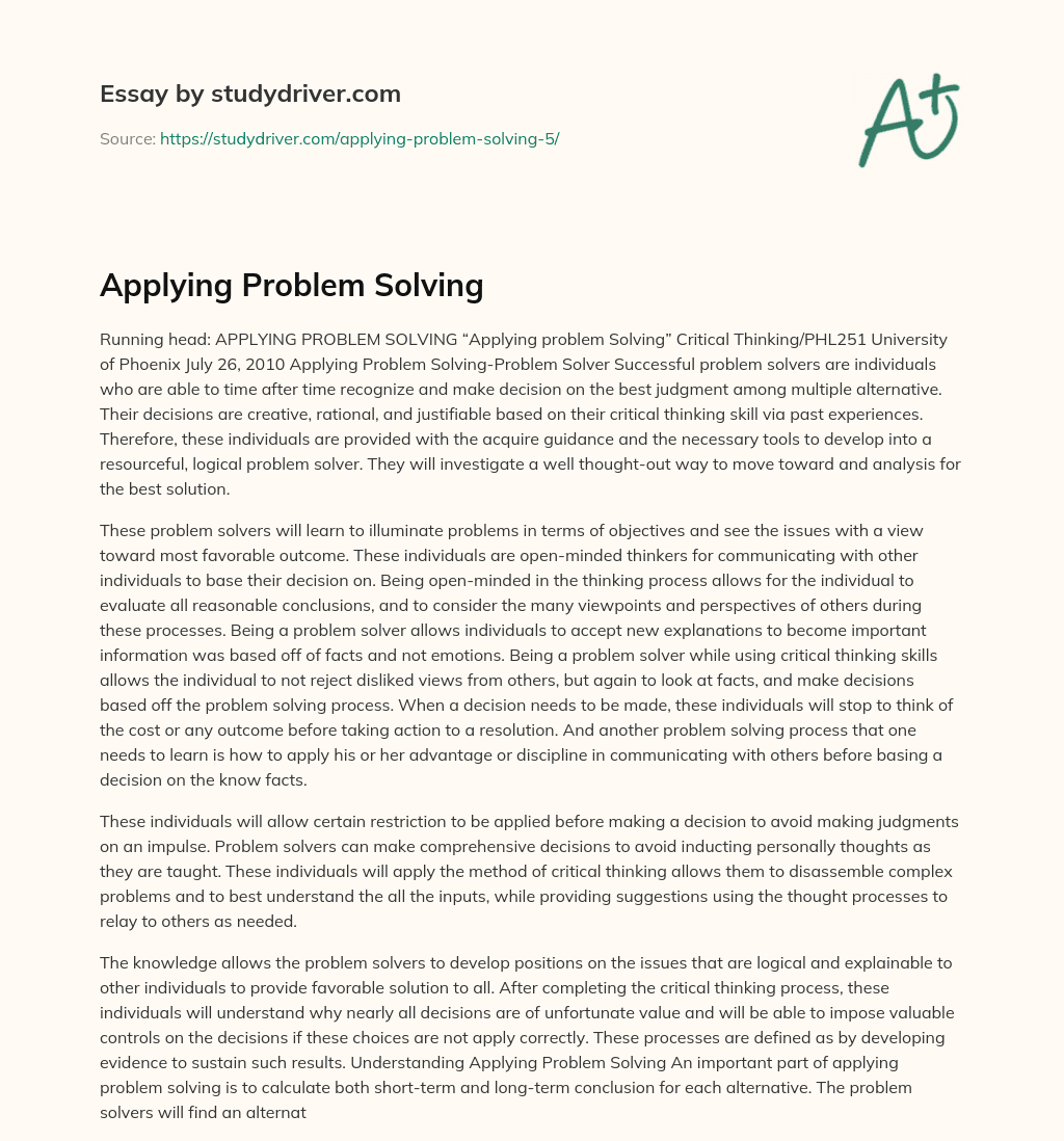 Applying Problem Solving essay
