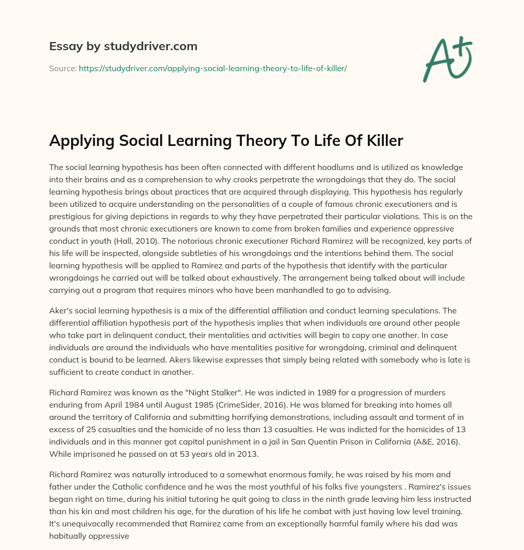 Applying Social Learning Theory to Life of Killer essay