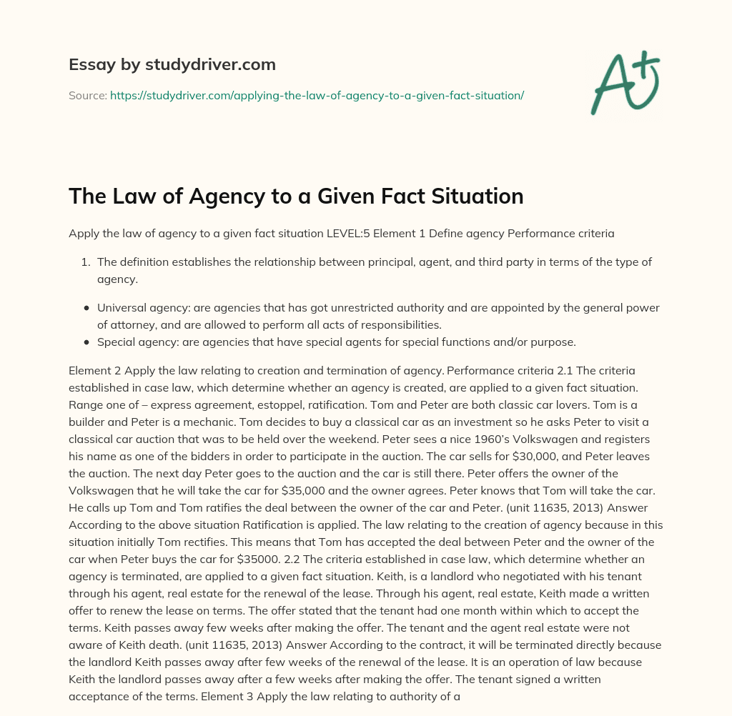 The Law of Agency to a Given Fact Situation essay