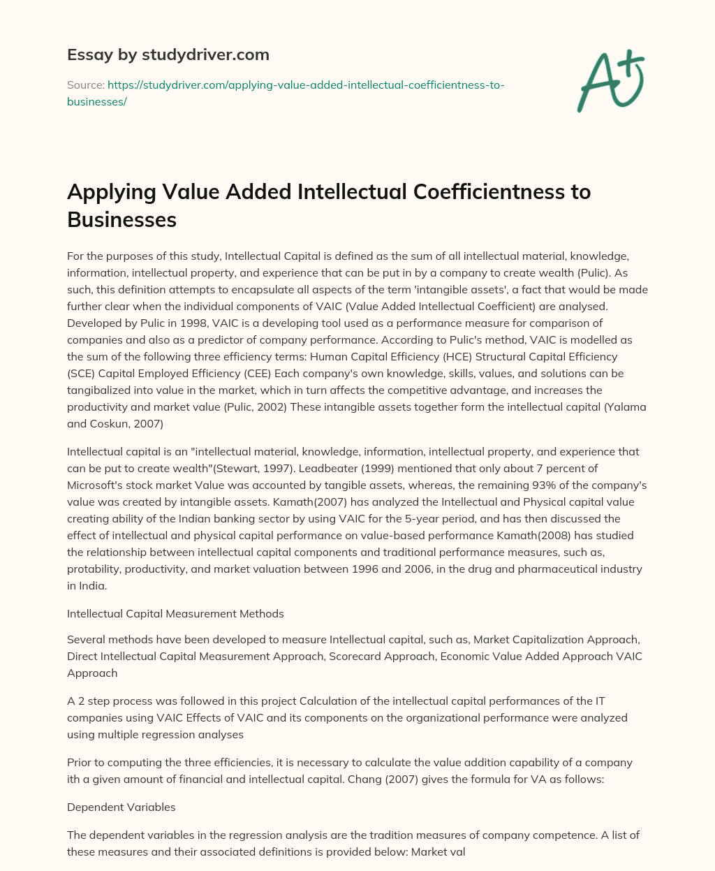 Applying Value Added Intellectual Coefficientness to Businesses essay