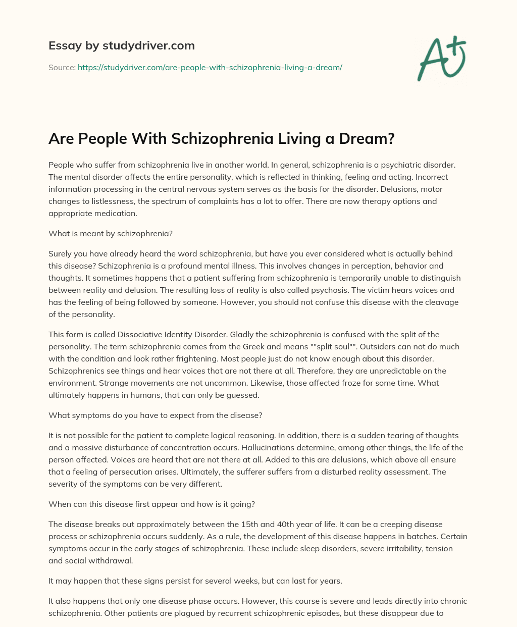 Are People with Schizophrenia Living a Dream? essay