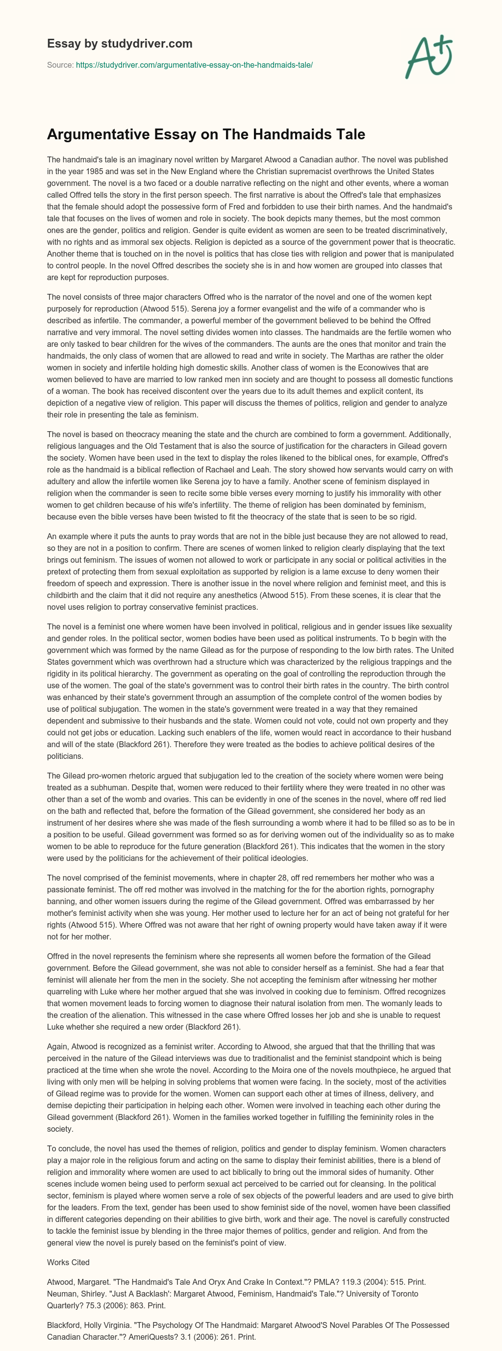Argumentative Essay on the Handmaids Tale essay