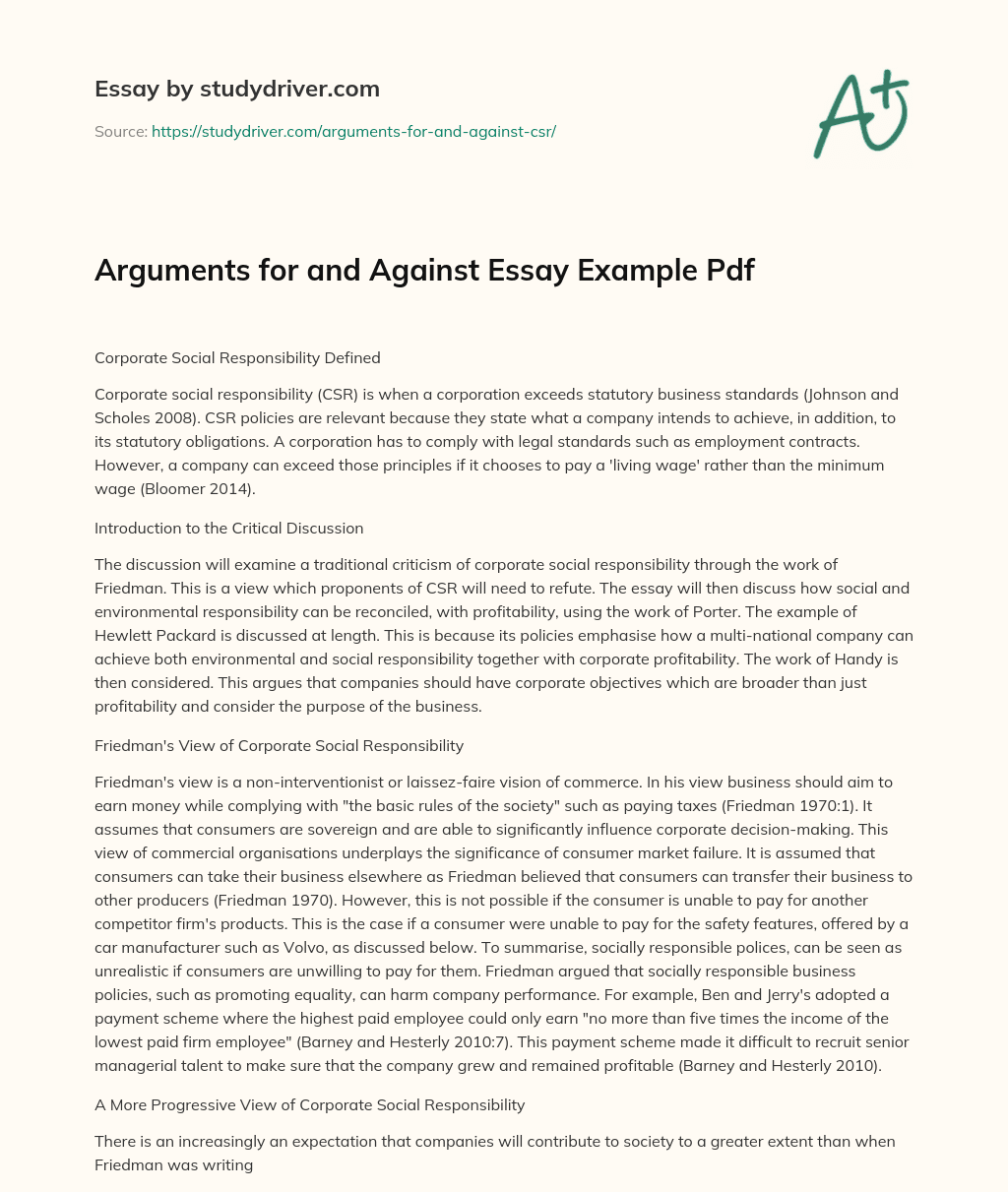 Arguments for and against Essay Example Pdf essay