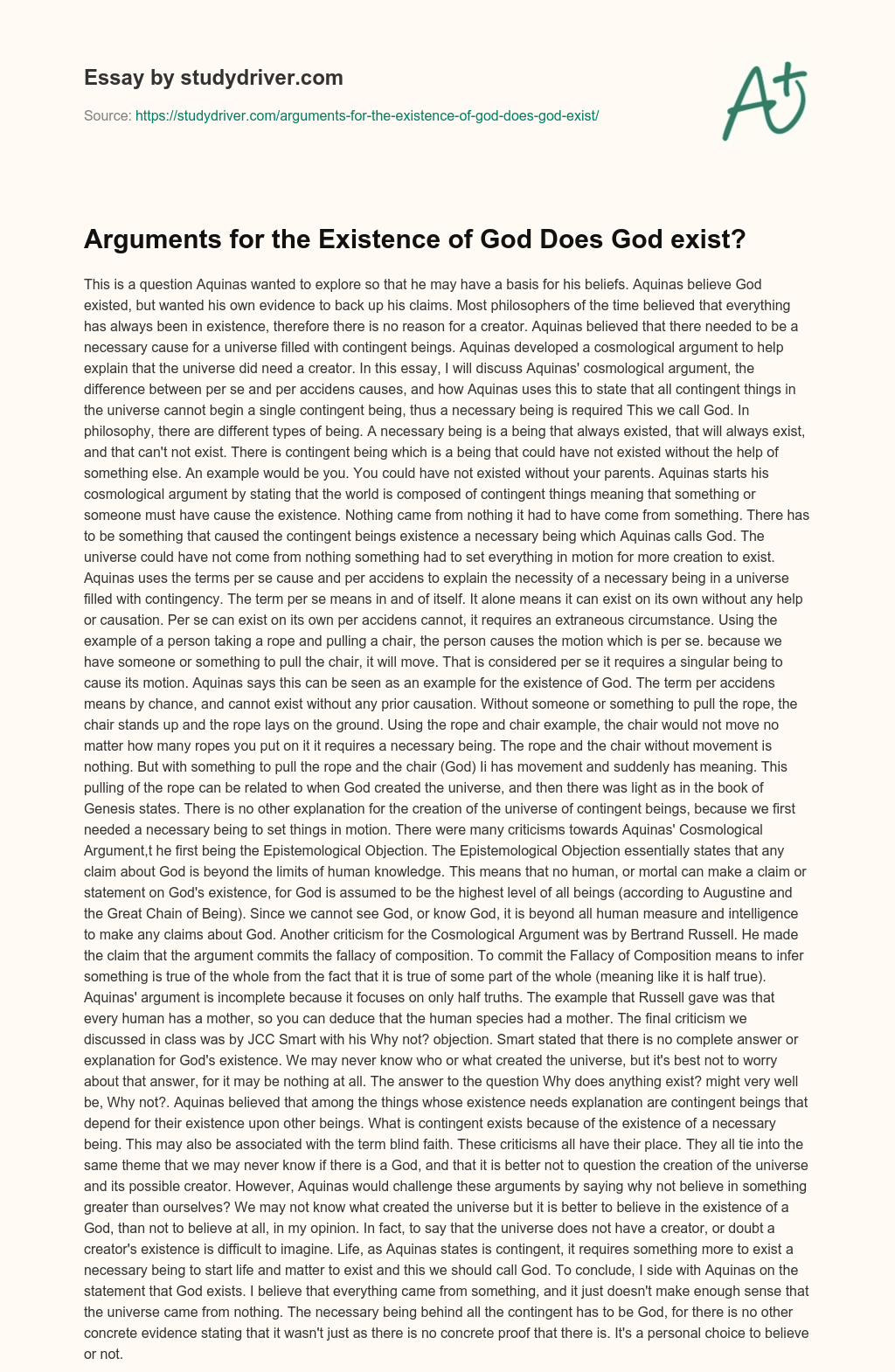 Arguments for the Existence of God does God Exist? essay