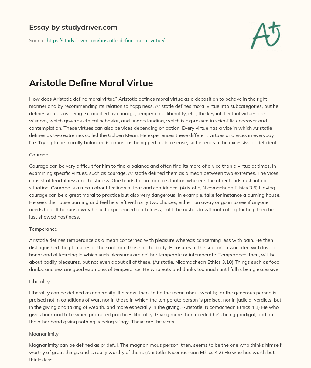 Aristotle Define Moral Virtue essay