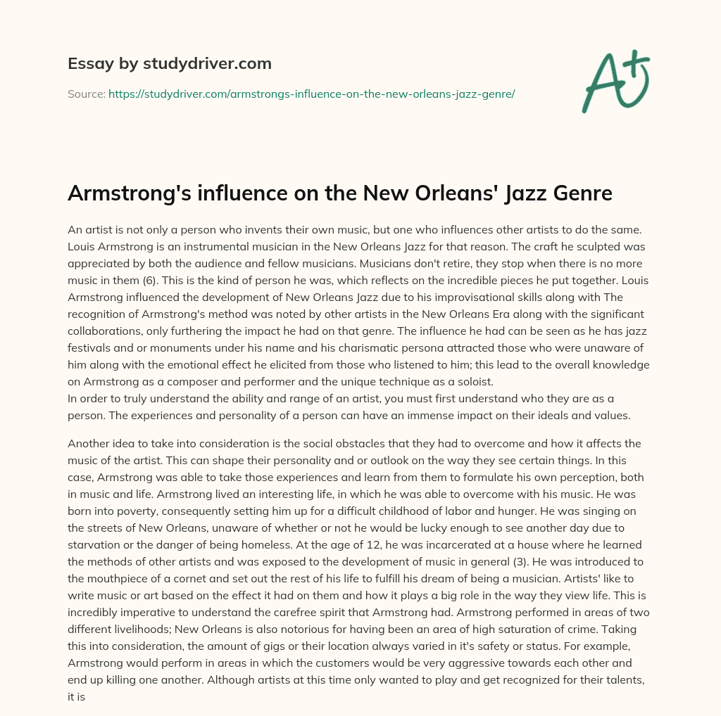 Armstrong’s Influence on the New Orleans’ Jazz Genre essay