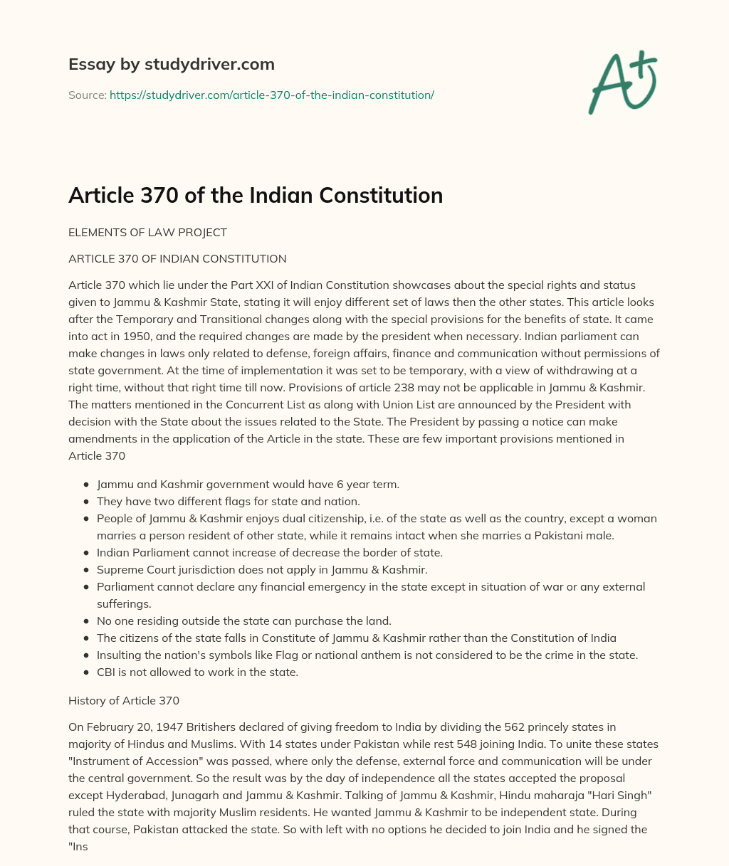 Article 370 of the Indian Constitution essay