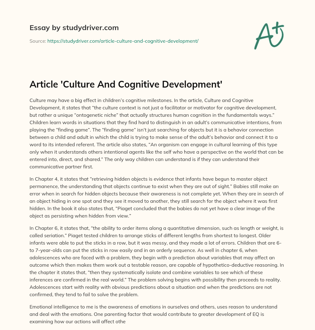 Article ‘Culture and Cognitive Development’ essay