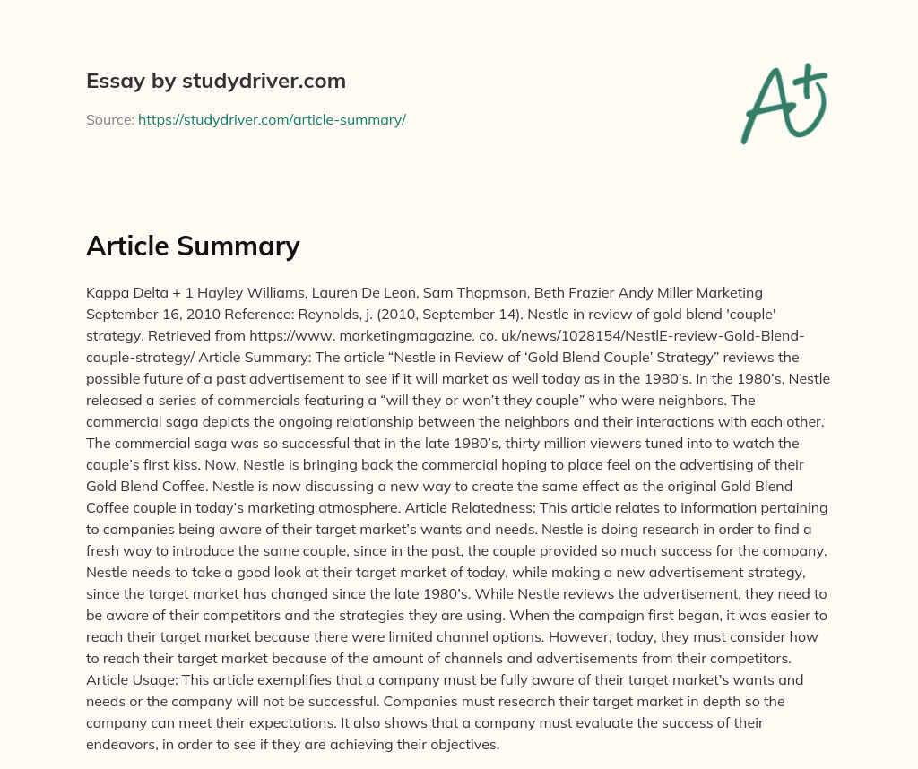 Article Summary essay