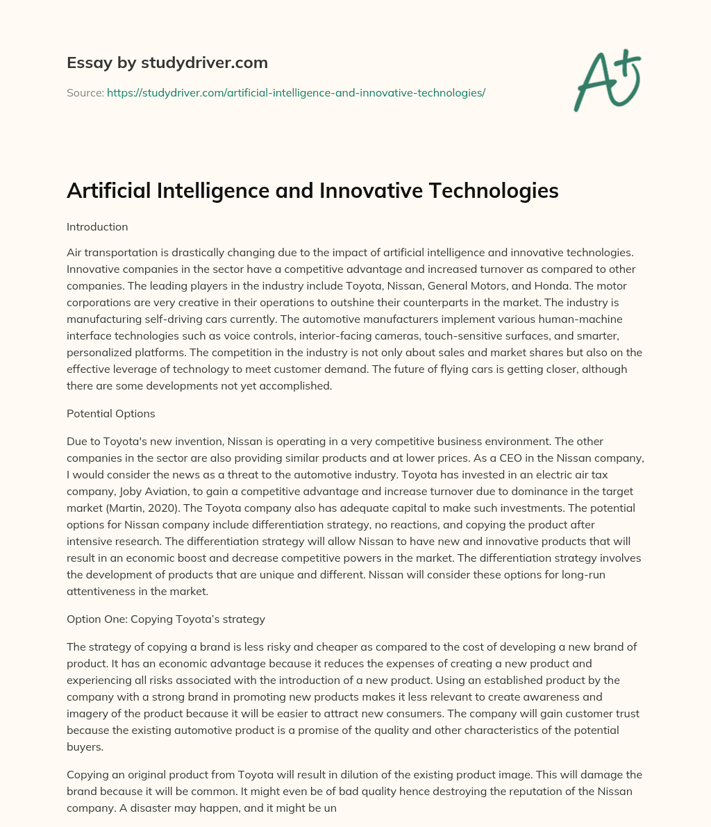 Artificial Intelligence and Innovative Technologies essay
