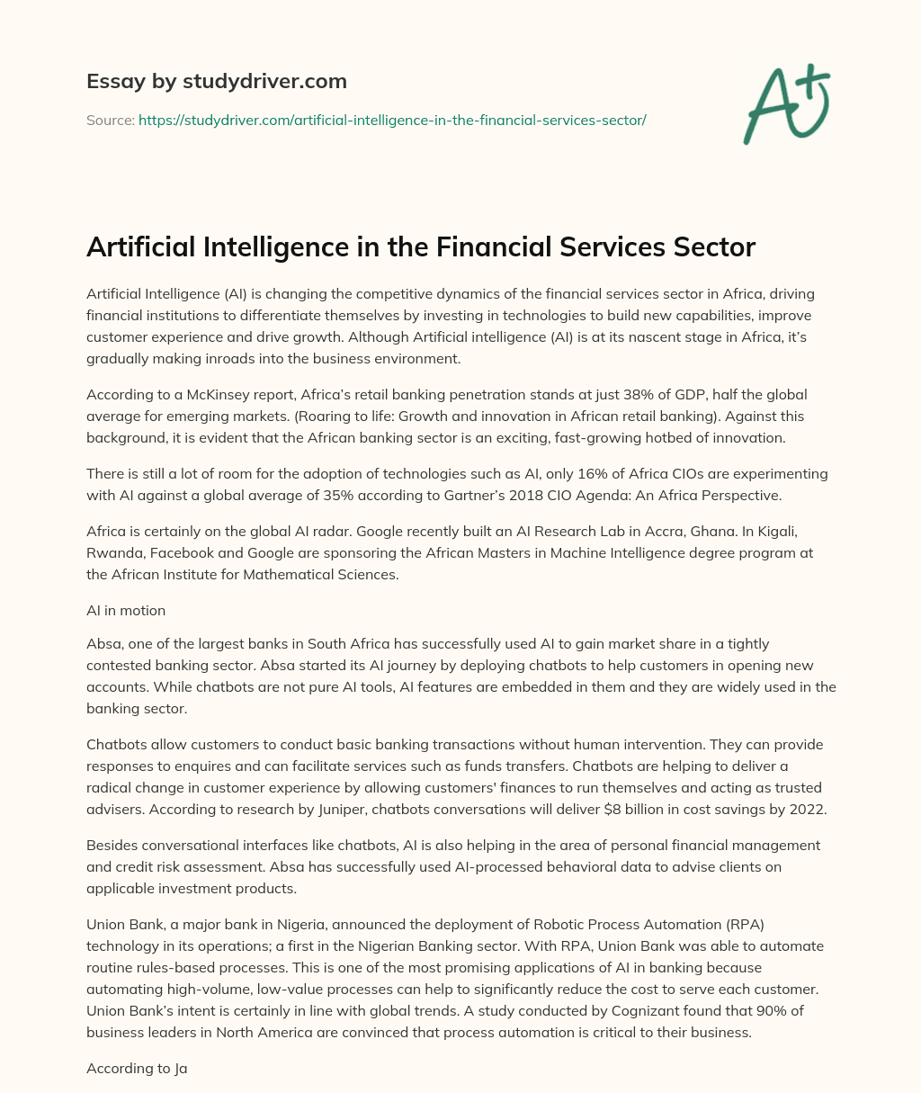 Artificial Intelligence in the Financial Services Sector essay