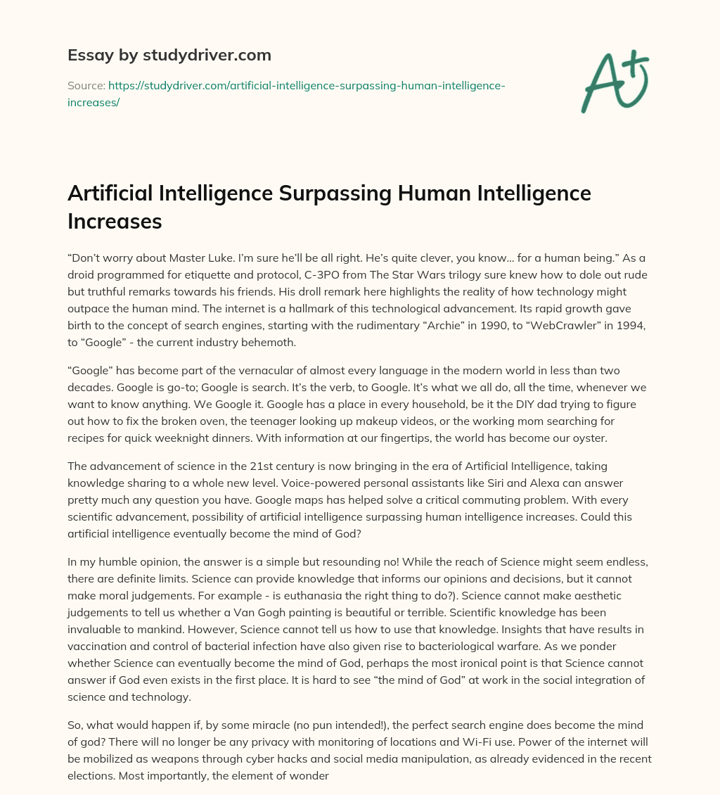 Artificial Intelligence Surpassing Human Intelligence Increases essay