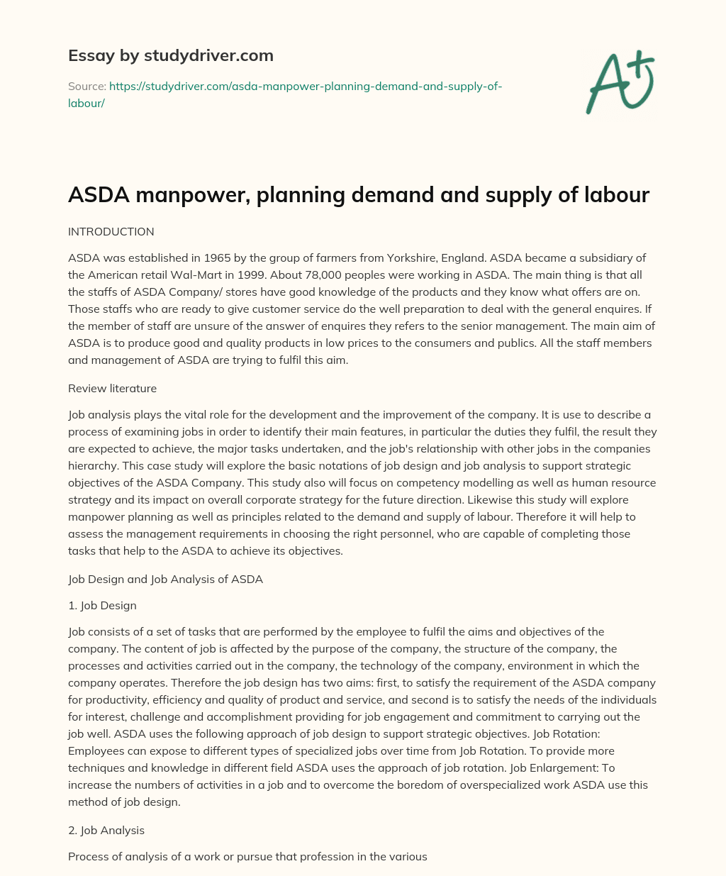 ASDA Manpower, Planning Demand and Supply of Labour essay