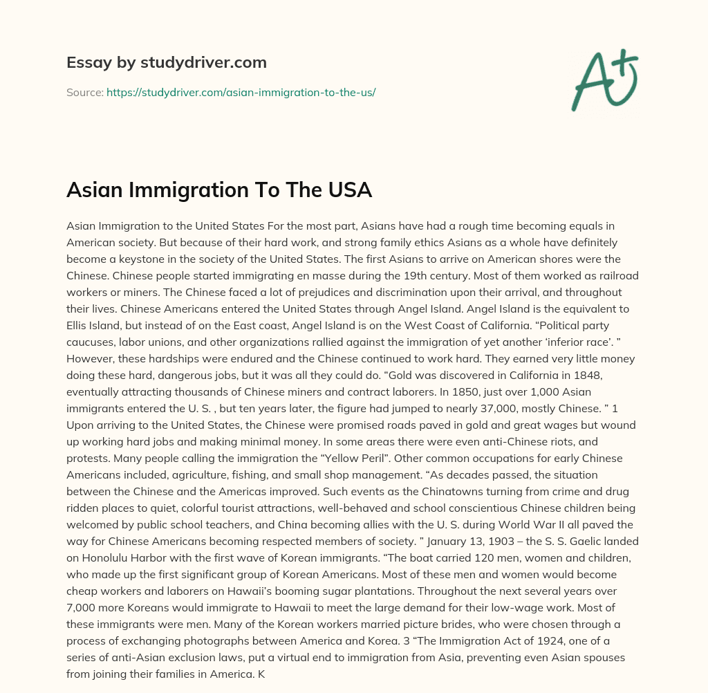 Asian Immigration to the USA essay