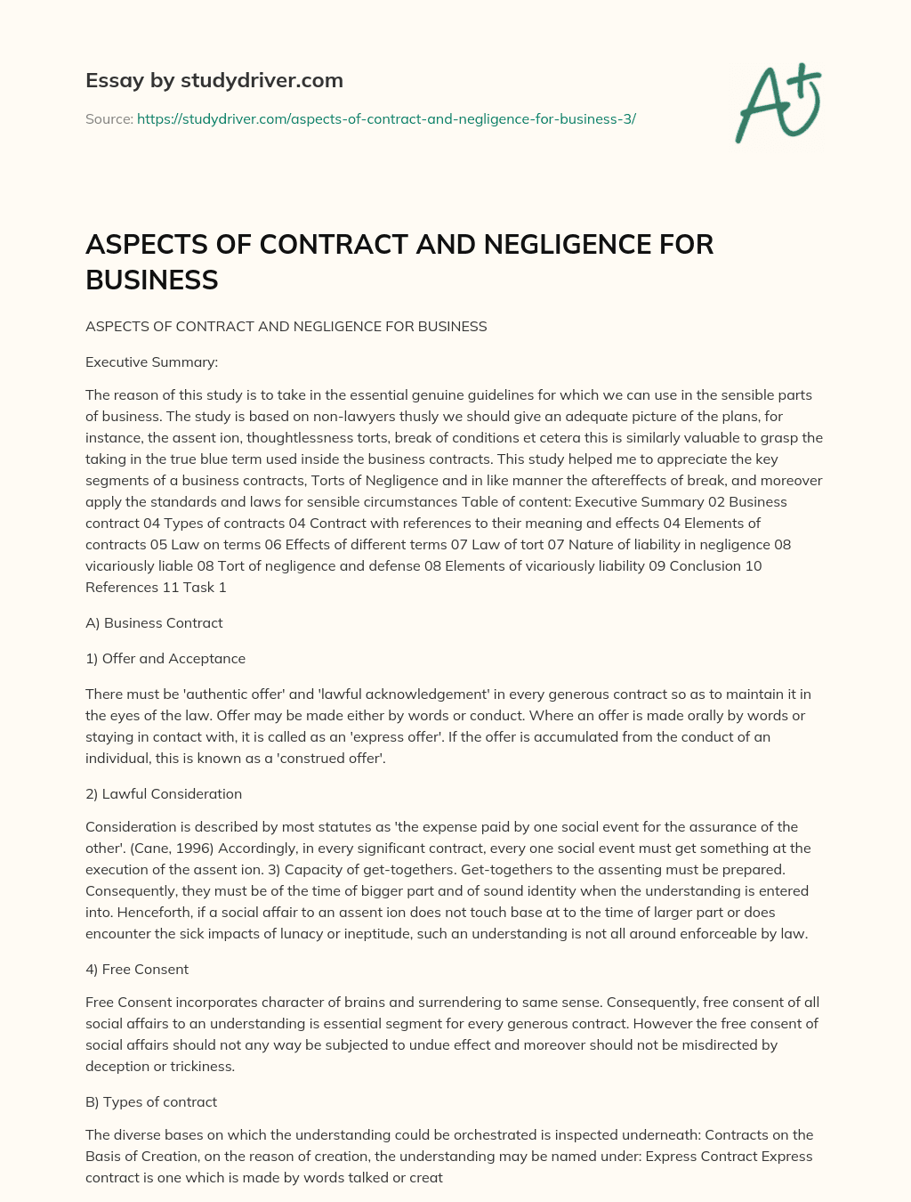 ASPECTS of CONTRACT and NEGLIGENCE for BUSINESS essay
