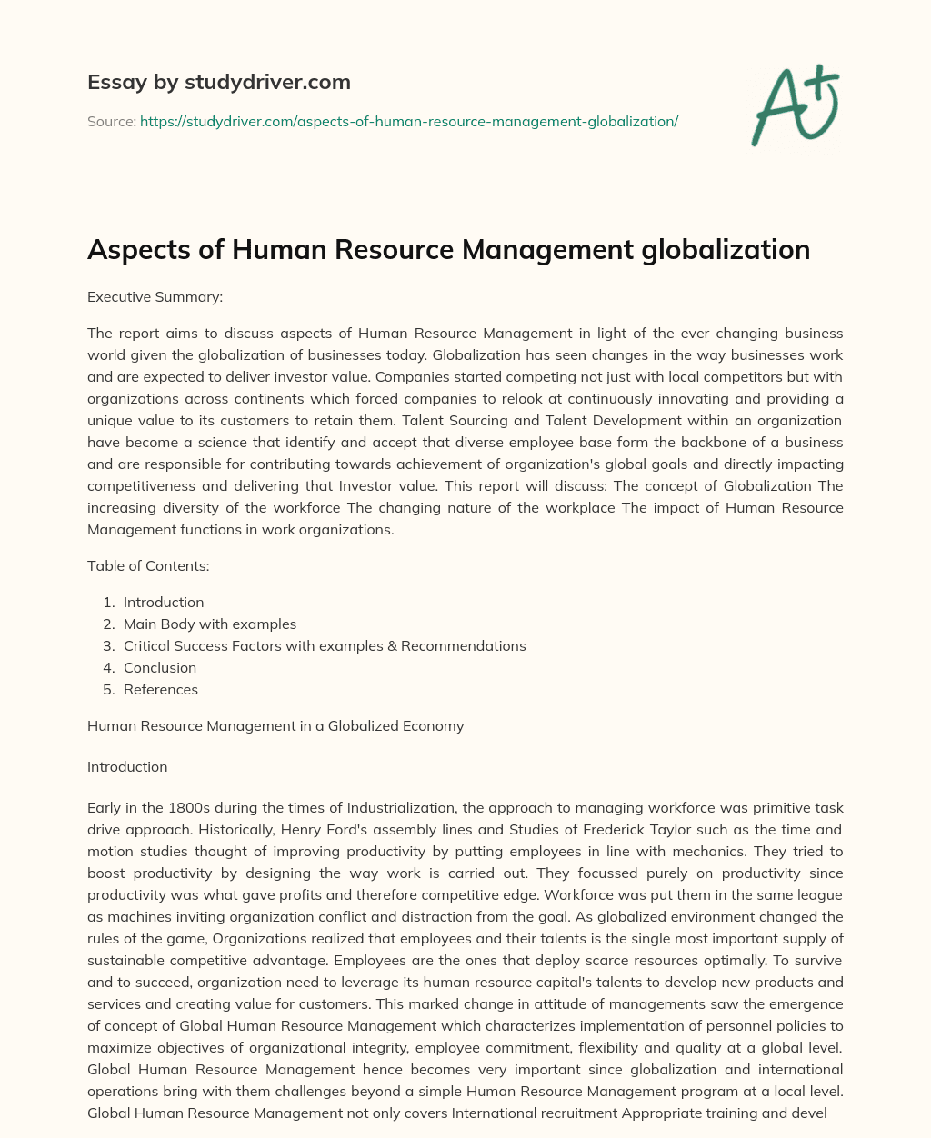 Aspects of Human Resource Management Globalization essay